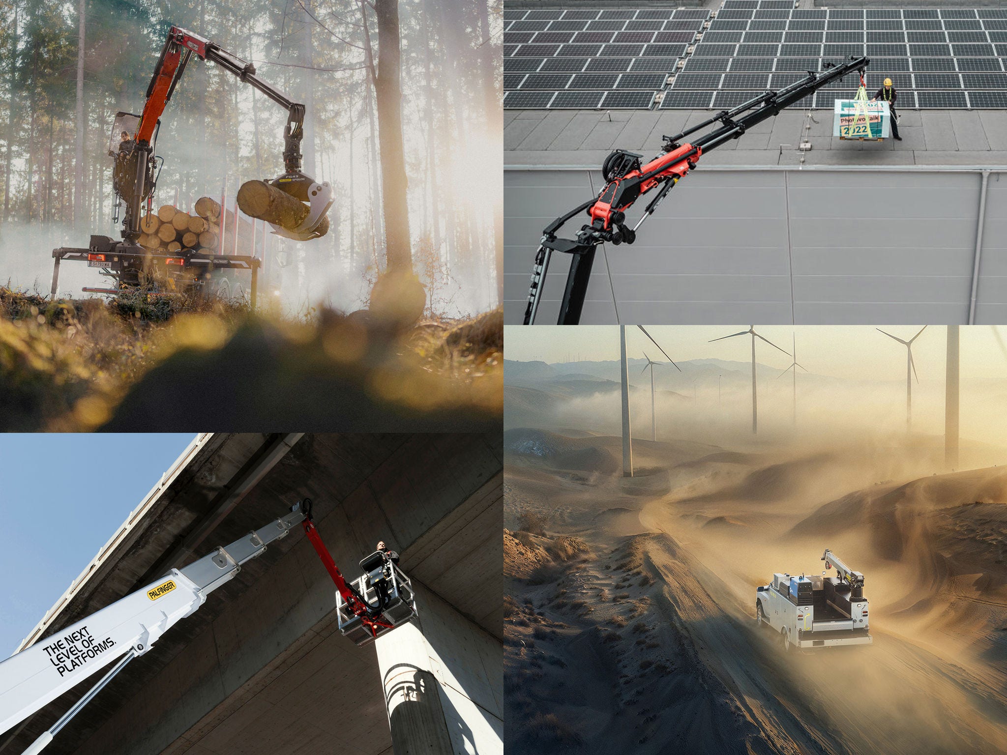 A collage showing PALFINGER lifting solutions in diverse real-world environments, including forestry log handling, rooftop technical work, bridge maintenance, and off-road operations near wind turbines, highlighting versatility, precision, and performance across industries.